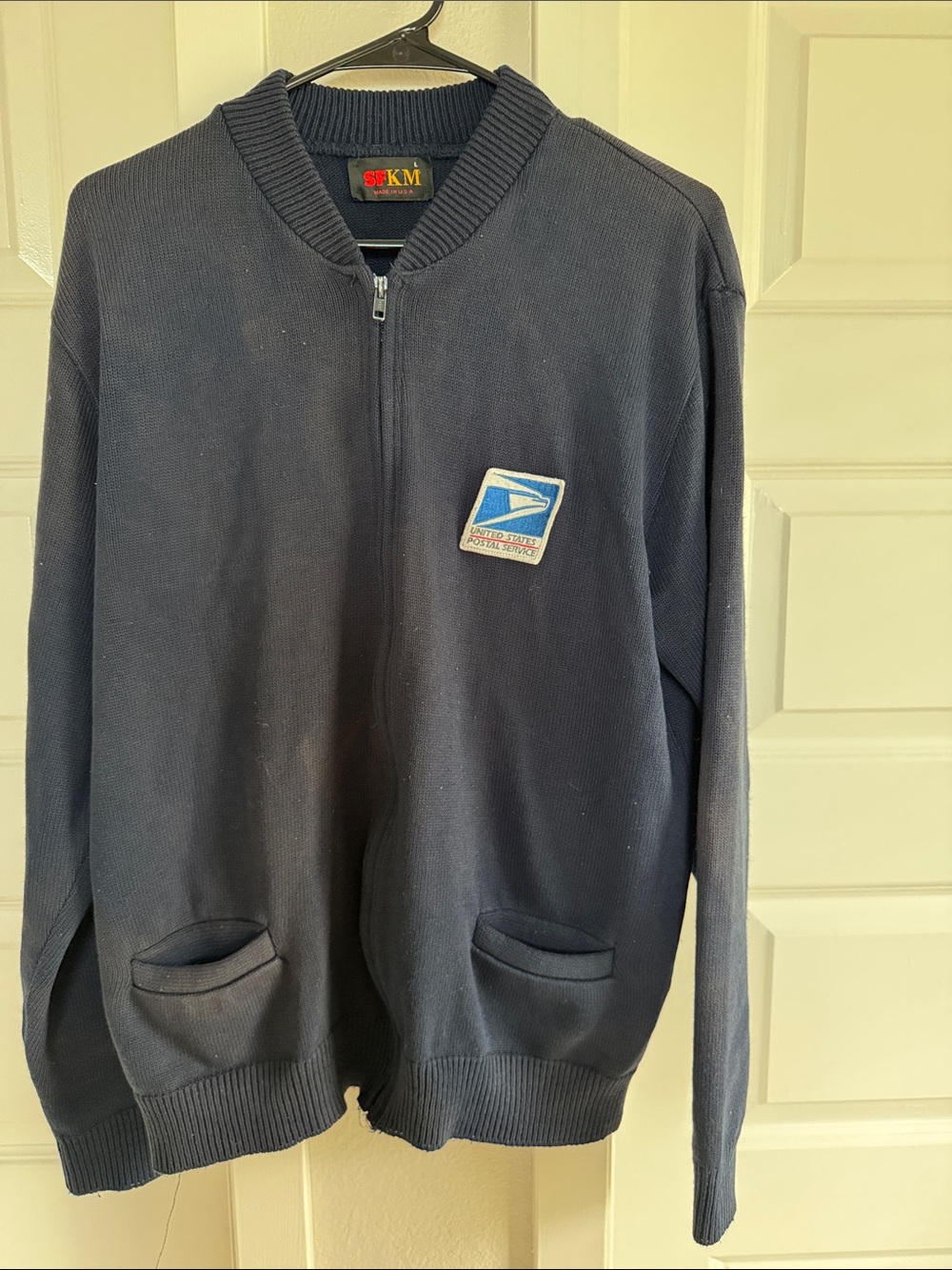 Navy Zip-Front Men's Sweater with USPS Patch